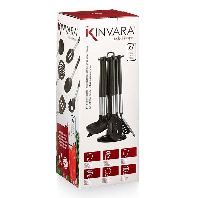 Kinvara keukengerei set 7-delig – zwart en zilver, met houten handvatten