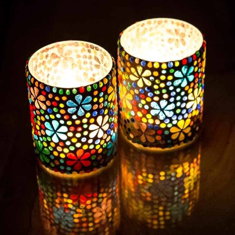Cylinder tealight holder - multi-colour mosaic - flower design