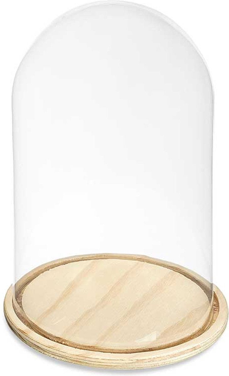 Giftdecor Cloche décorative - verre - plateau en bois beige - D20 x H30 cm