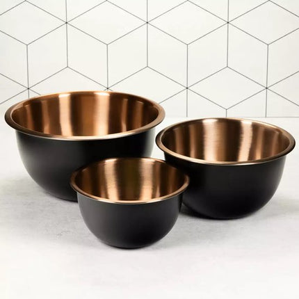 Klausberg KB7394 Edelstahlschüssel-Set - 3-teiliges Set (1,6L, 3L & 5L) - Schwarz Satin Mit Kupfer-Innenseite