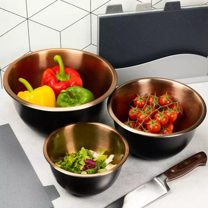 Klausberg KB7394 Edelstahlschüssel-Set - 3-teiliges Set (1,6L, 3L & 5L) - Schwarz Satin Mit Kupfer-Innenseite