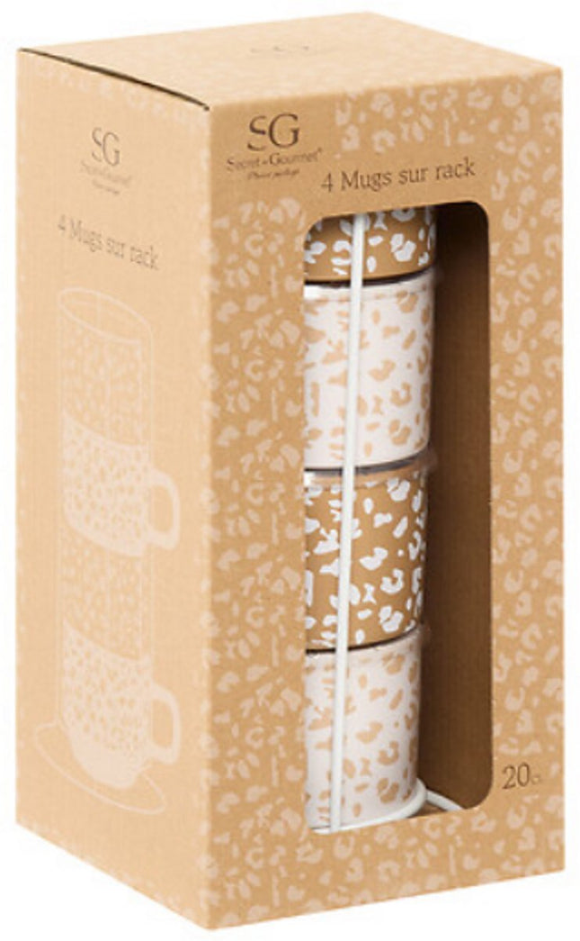Leopardi Mokken Set van 4 - Luipaardenprint - 20 cl - 2x Caramel Bruin, 2x Wit/Beige - Kopjes voor Koffie en Thee - Panterprint - Theemokken set