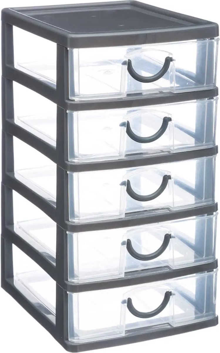5Five Bloc de tiroirs/organisateur de bureau 5 tiroirs - gris/transparent - L12 x l15 x H25 cm - plastique
