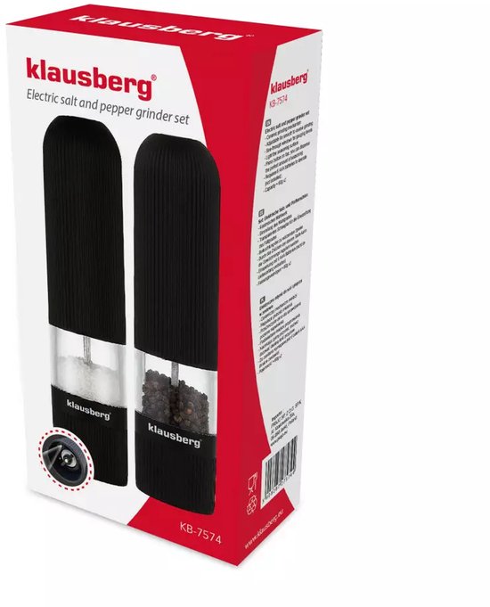 Klausberg KB7574 Elektrische Pfeffer- und Salzmühlen – Schwarz – Einstellbarer Mahlgrad – Einhandbedienung – Antirutschbeschichtung