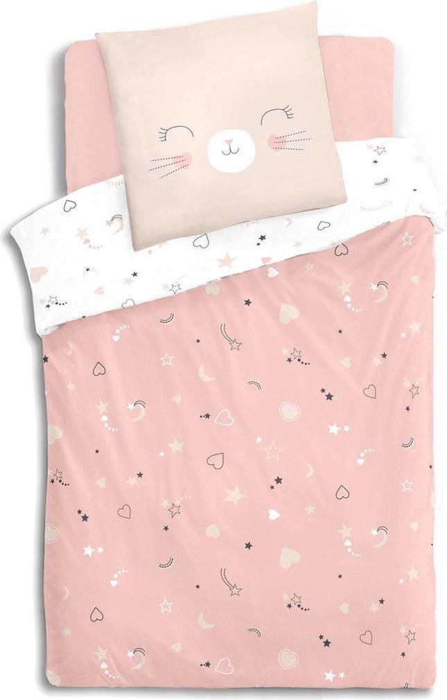 Housse de couette et taie d'oreiller coton 140 x 200 cm - 2 en 1 - Housse de couette chat coton - Housse 1 personne - Housse de couette enfant réversible