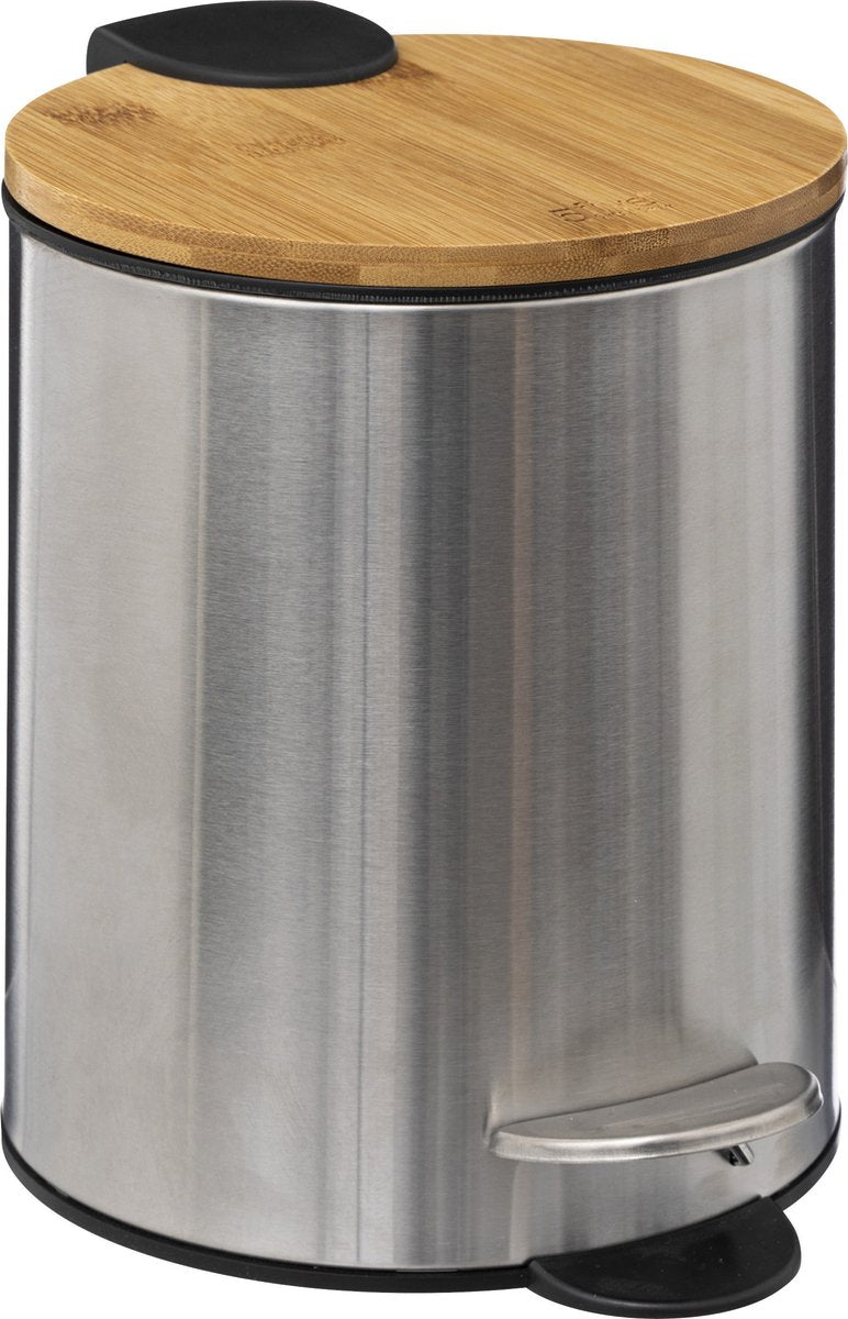 5Five pedaalemmer 3 liter – metaal en bamboe, zilver, soft close