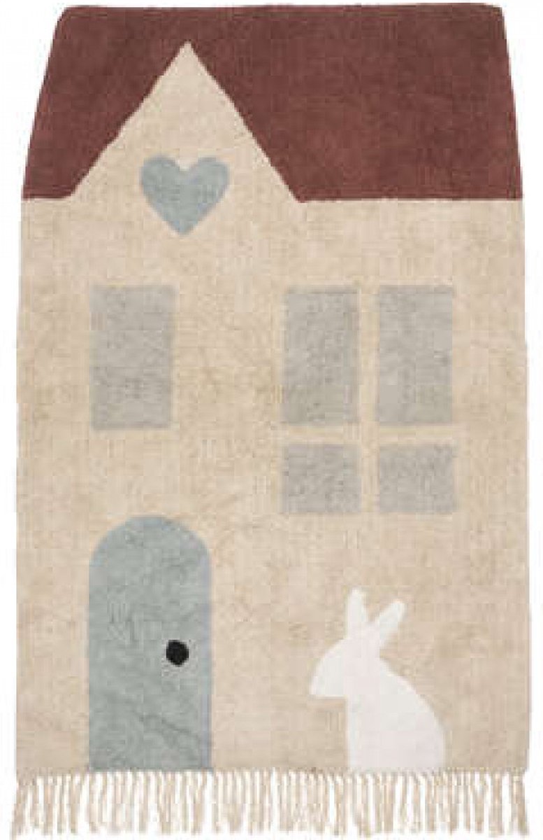 Stylish nursery rug - quiet small soft play mat pastel - house door windows heart rabbit fringes - 100x150 cm - Christmas gift idea
