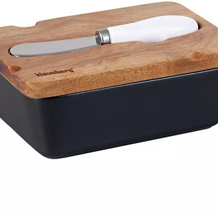 Klausberg Botervloot van Keramiek - Zwart met Acacia Houten Deksel en Roestvrijstalen Botermes - Frisheidgarantie voor Boter en Kaas