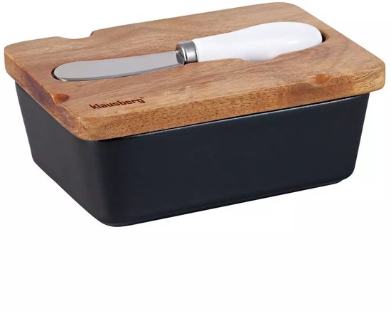Beurrier en Céramique Klausberg - Noir avec Couvercle en Bois d'Acacia et Couteau à Beurre en Acier Inoxydable - Garantie de Fraîcheur pour Beurre et Fromage