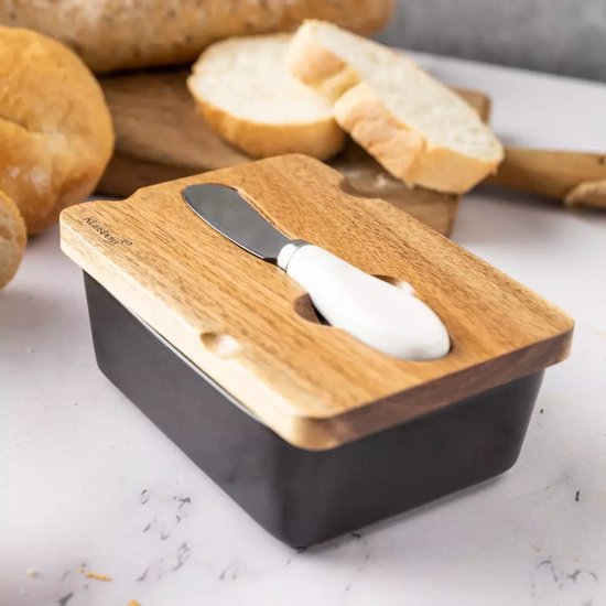 Beurrier en Céramique Klausberg - Noir avec Couvercle en Bois d'Acacia et Couteau à Beurre en Acier Inoxydable - Garantie de Fraîcheur pour Beurre et Fromage