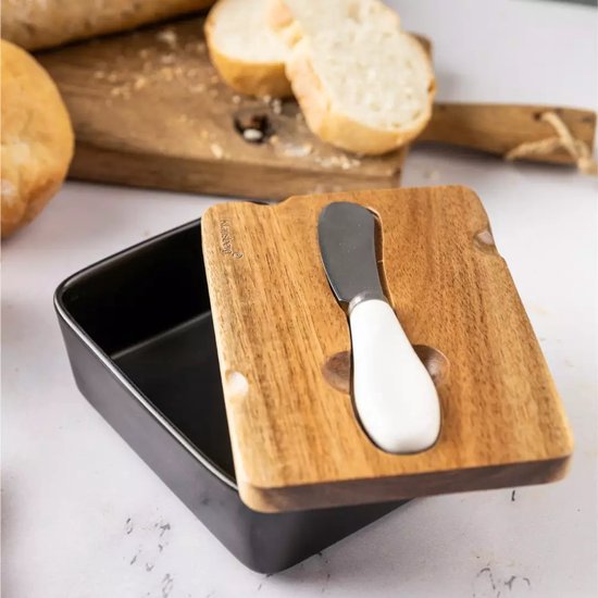 Beurrier en Céramique Klausberg - Noir avec Couvercle en Bois d'Acacia et Couteau à Beurre en Acier Inoxydable - Garantie de Fraîcheur pour Beurre et Fromage