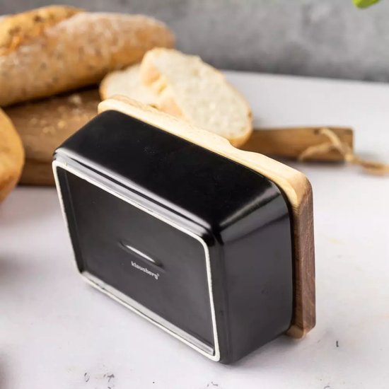 Beurrier en Céramique Klausberg - Noir avec Couvercle en Bois d'Acacia et Couteau à Beurre en Acier Inoxydable - Garantie de Fraîcheur pour Beurre et Fromage