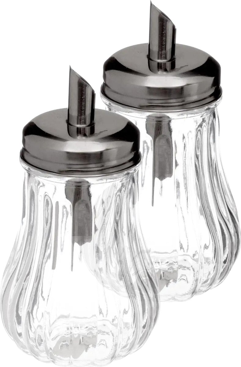 5Five - 2 pieces - Glass sugar bowl/sugar shaker with stainless steel spout - 180ml