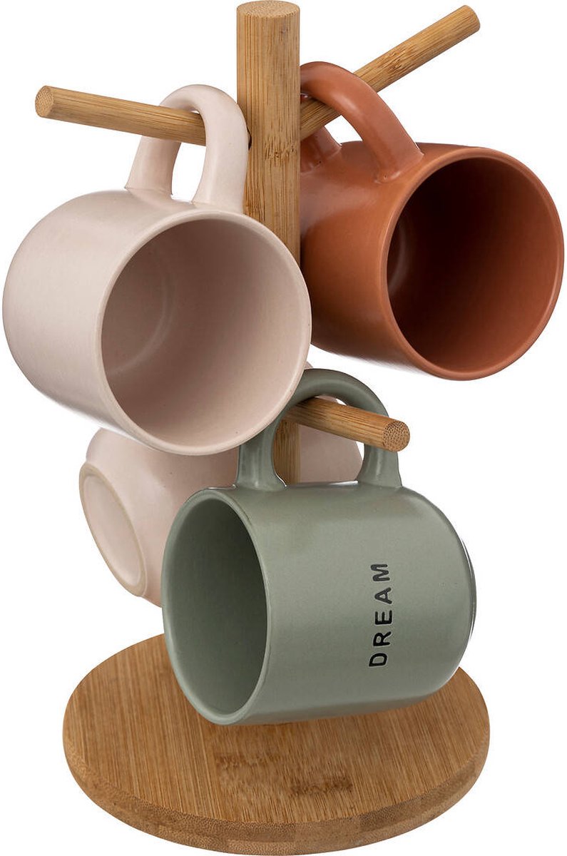 Set of 4 ceramic mugs on a bamboo stand, 240 ml