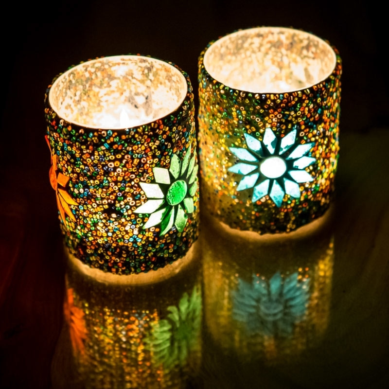 Bougeoir cylindrique méditerranéen 2 pièces - mosaïque et perles - multicolore