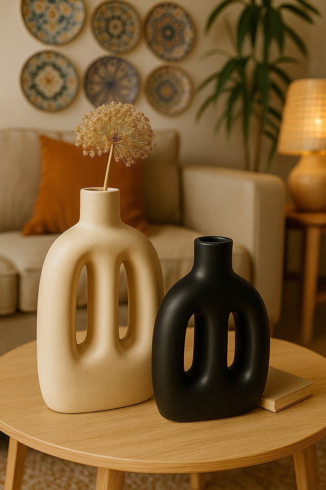 Atmosphera | Vase – 2er-Set – Schwarz und Beige – Keramik – Modernes Design – 11x6x20 cm