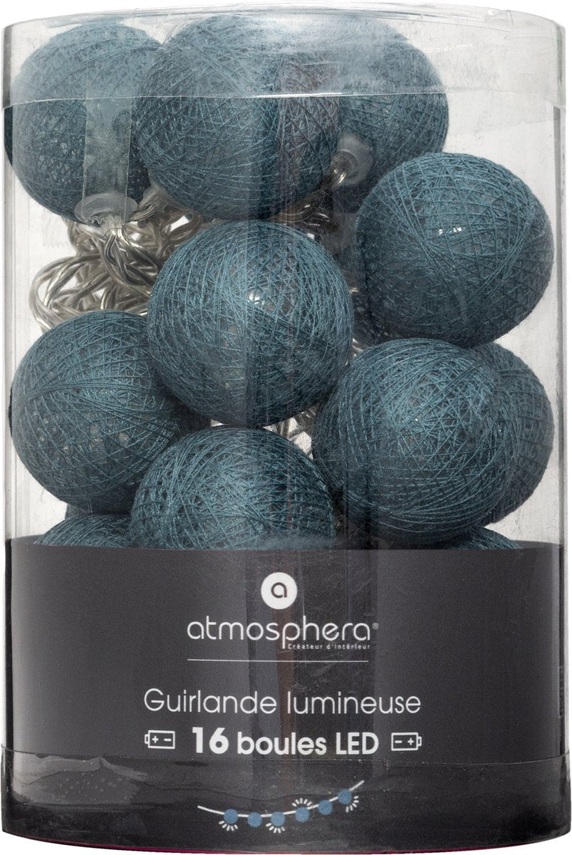Guirlande lumineuse Atmosphera - 16 boules lumineuses 35 mm - bleu - 255 cm - piles