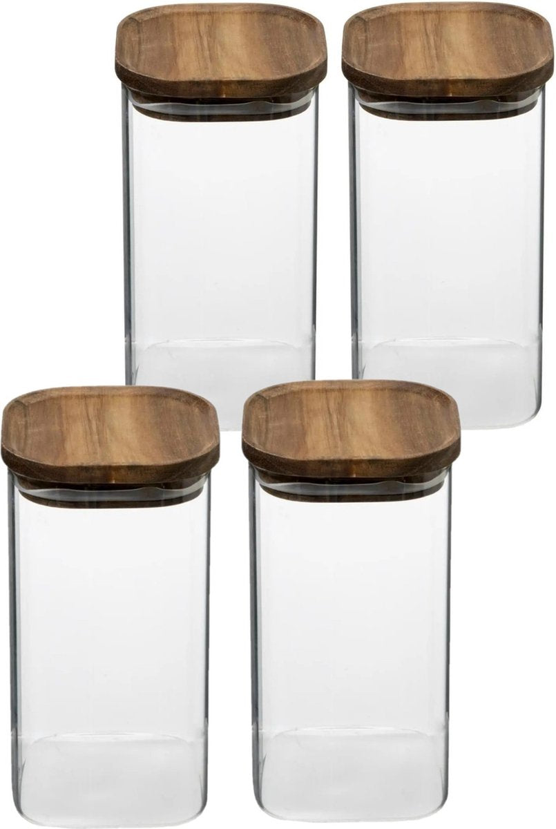 5Five Food storage jar - 4x - glass with acacia wood lid - 1600 ml - with airtight lid