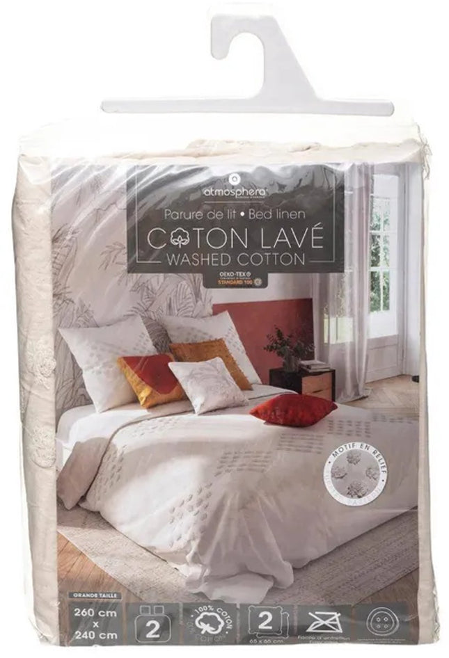 ATMOSPHERA Bettwäsche-Set für 2 Personen 260 x 240 cm Bettbezug mit 2 Kissenbezügen in Ivory und getufteter Washed Cotton