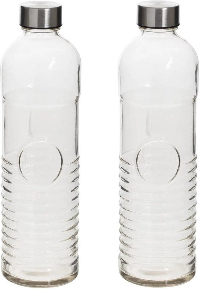 Wasserflaschen/Trinkflaschen - 2x - D8 x H29 cm - 1 Liter - Riffelglas