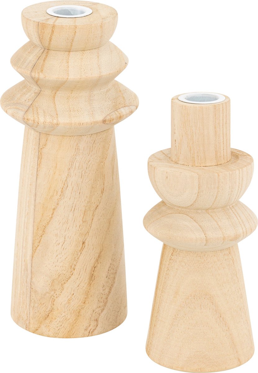Atmosphera Wooden Candle Holders - Set of 2 pieces - Ø11xH24 cm - Beige