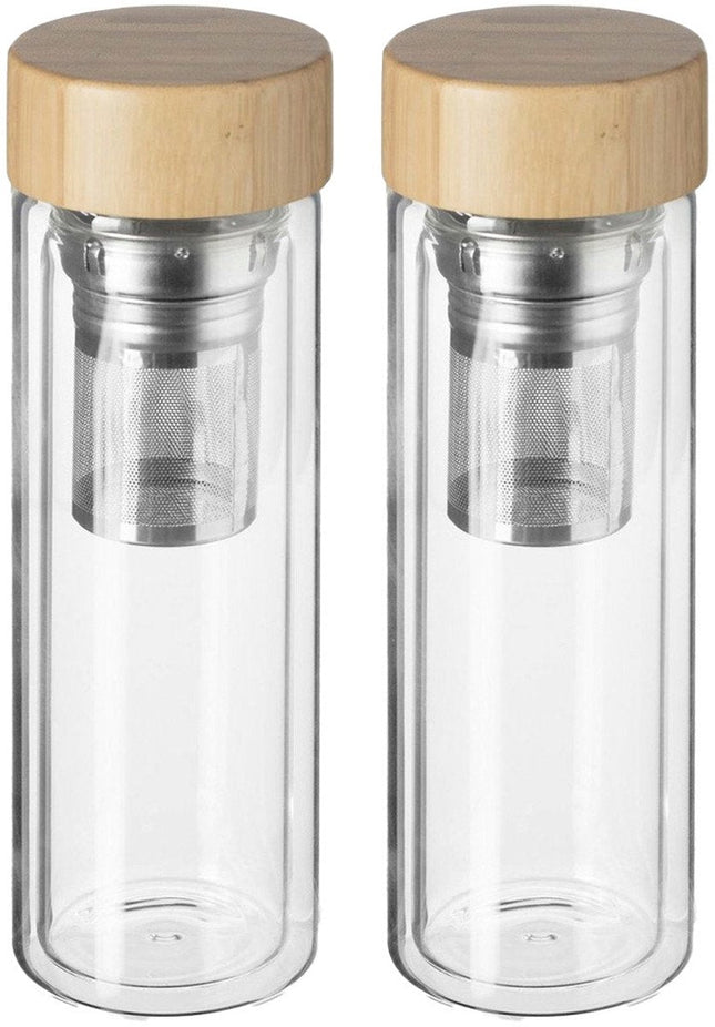 Secret de Gourmet Theefles - 2x - dubbelwandig - glas/bamboe - 40 cl - infusiefles/theepot
