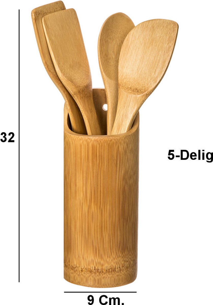 Ensemble d'ustensiles de cuisine - Set de 5 ustensiles de cuisine - Organisateur rond - Set de spatules + Support - Bois de bambou
