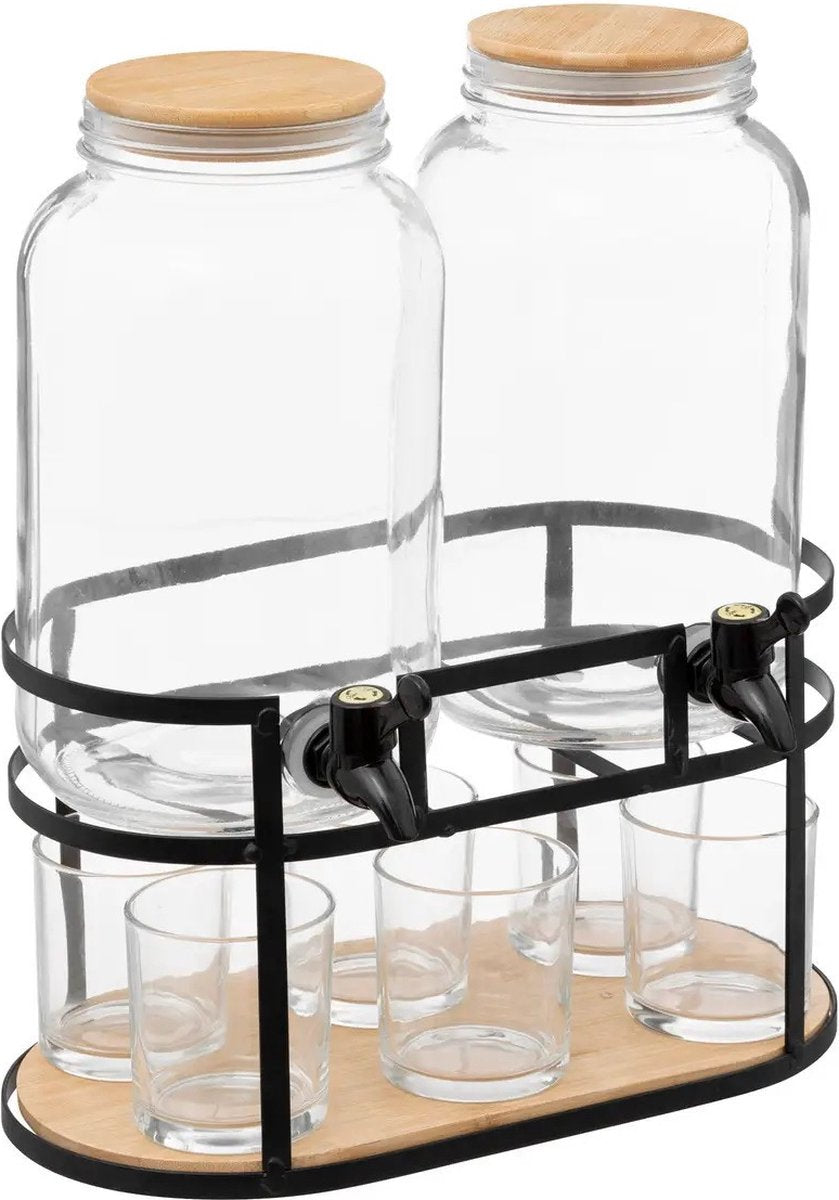 5Five Distributeurs de boissons - lot de 2 - 3,3L - verre - sur support avec 6 verres