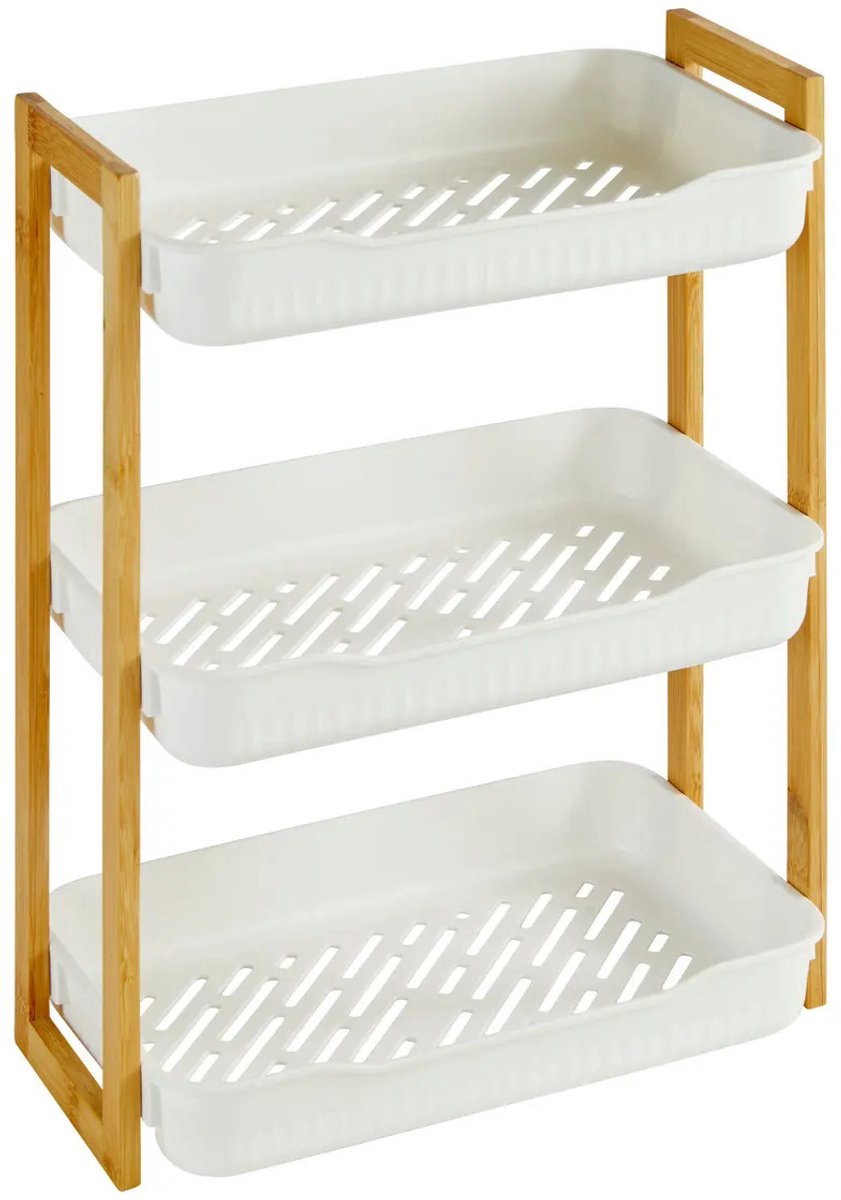 5Five Bathroom shower caddy - 3-tier - straight model - white - plastic/bamboo - 35 x 20 x 45 cm