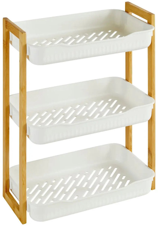 5Five Badkamer douche rekje - 3 laags - recht model - wit - kunststof/bamboe - 35 x 20 x 45 cm