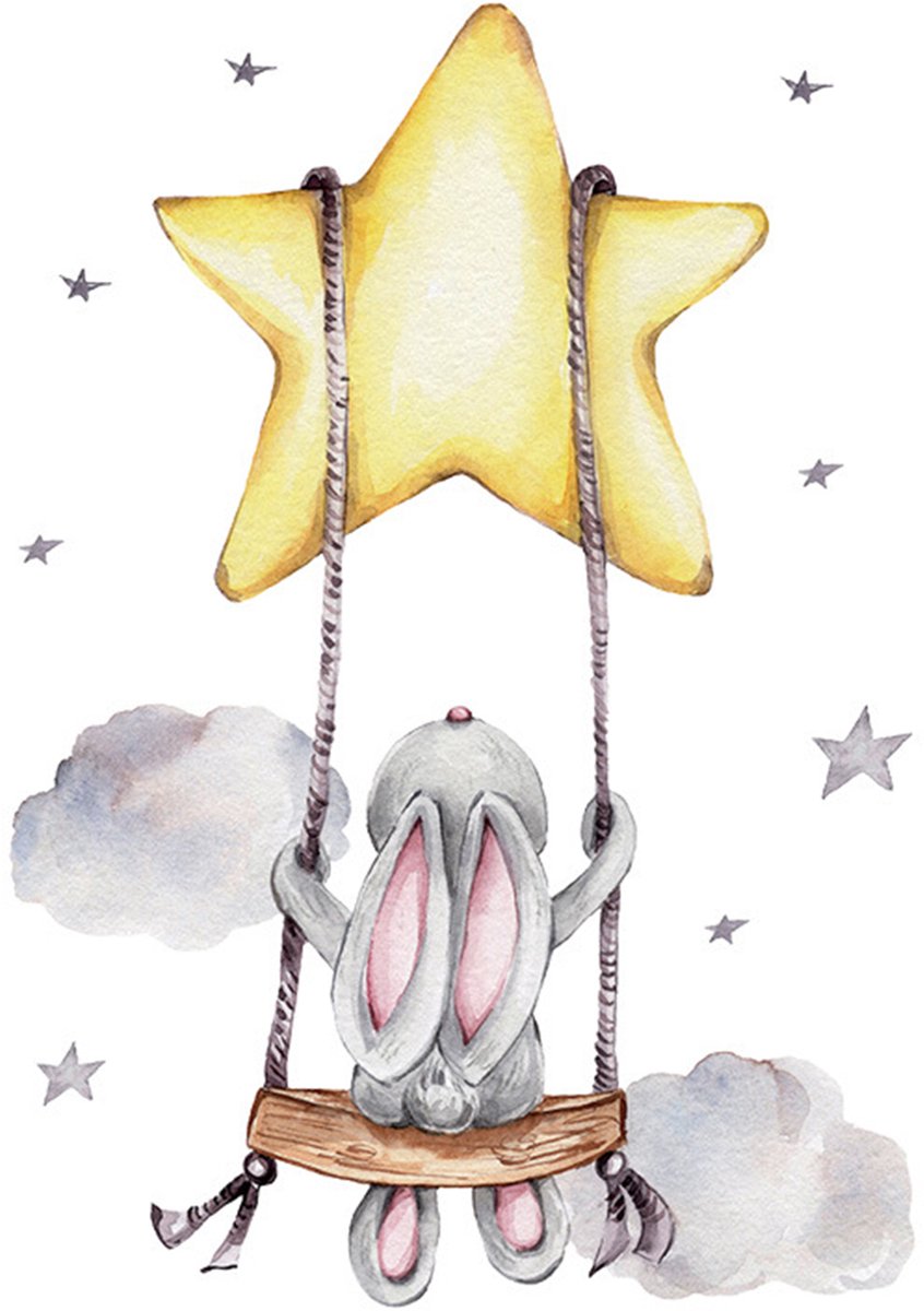 SIPO muursticker konijntje op schommel – kinderkamer, 70 x 49 cm