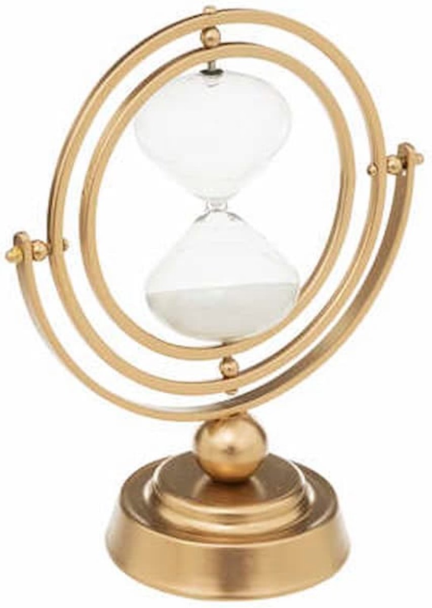 Decoratieve zandloper 15 minuten – goud, metaal en glas, 25 cm hoog