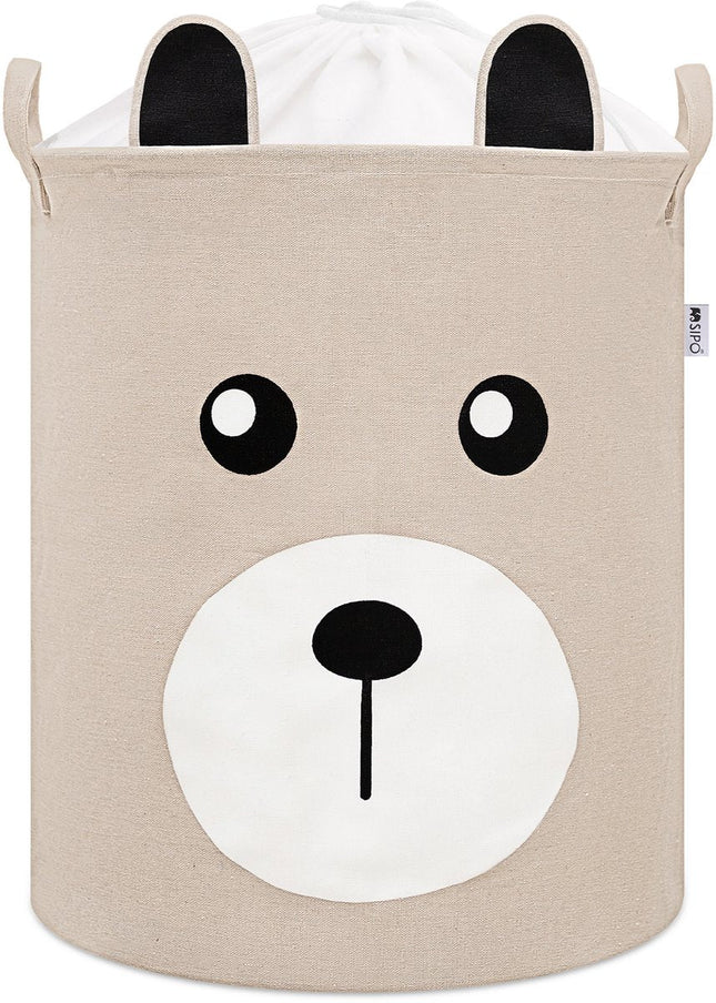 Beige Spielzeugaufbewahrungskorb mit Teddybär-Gesicht - Baumwoll-Aufbewahrungsbox - Kinderwäschekorb mit Kordelzug - 43 Liter - 35x35x45 cm - Spielzeugkorb - Sipo