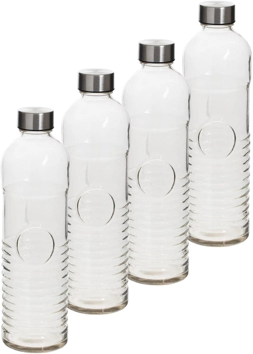 5Five Water Bottle - 4x - 1 liter - tempered ribbed glass - D8 x H29 cm - drinking bottle - Glass drinking bottles