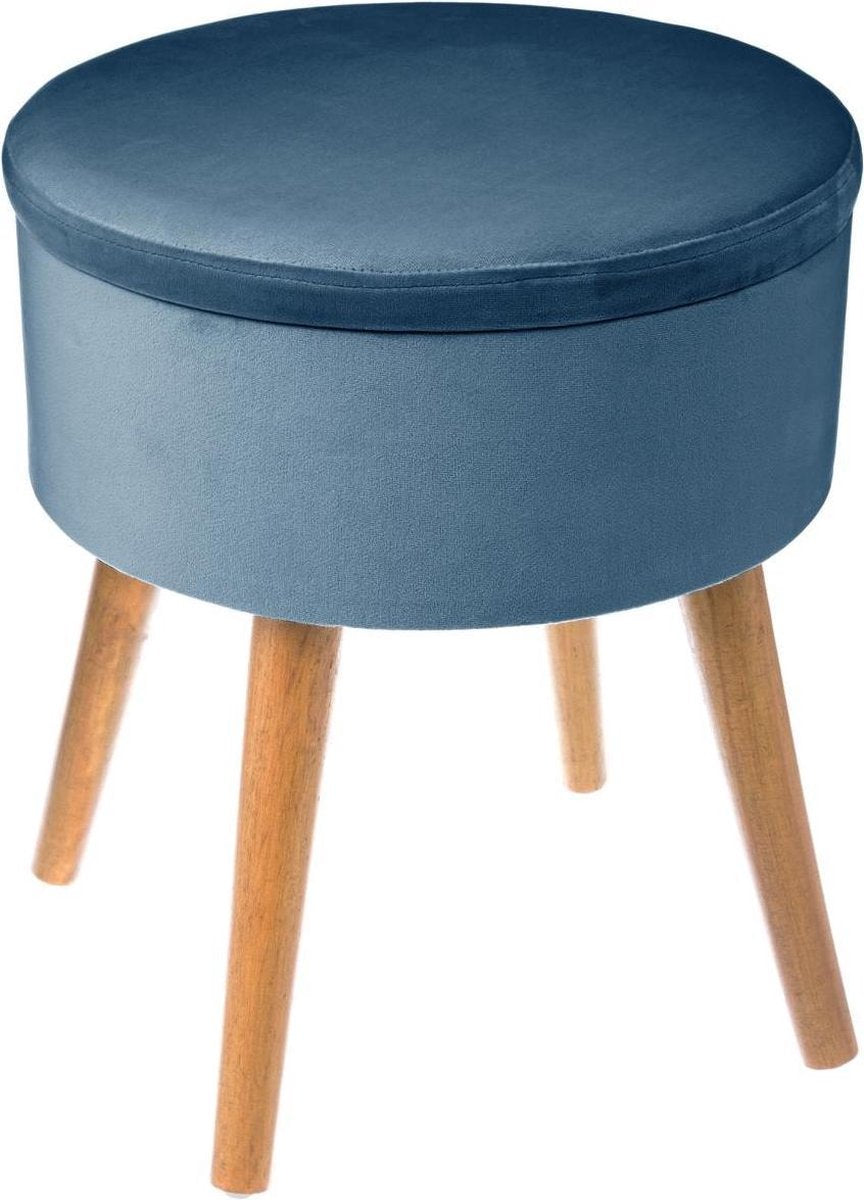 Tabouret en velours avec pieds en bois - Bleu