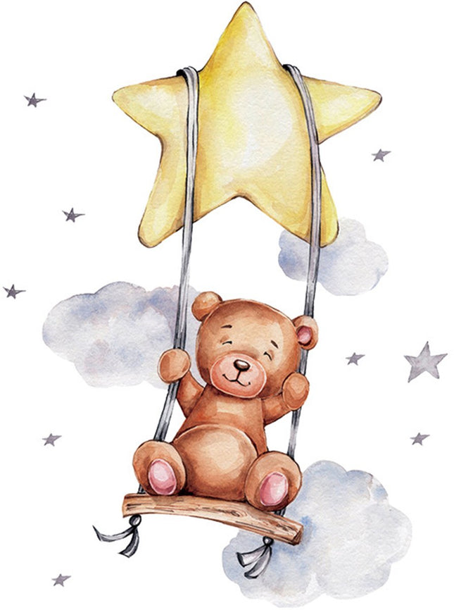 Sipo Wandtattoo Bär auf Schaukel - Selbstklebende Wanddekoration für Kinderzimmer - 74x54 cm - Süßer Bär Wandaufkleber für Babyzimmer und Kleinkinderzimmer