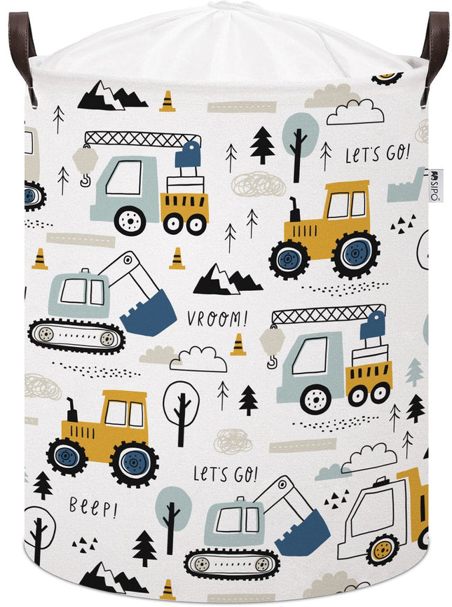 Bagger Spielzeug-Aufbewahrungskorb - Baumwoll-Aufbewahrungsbox mit Kordelzug - Baufahrzeuge-Druck - 43 Liter - 35x35x45 cm - Sipo - Wäschekorb - Kranwagen