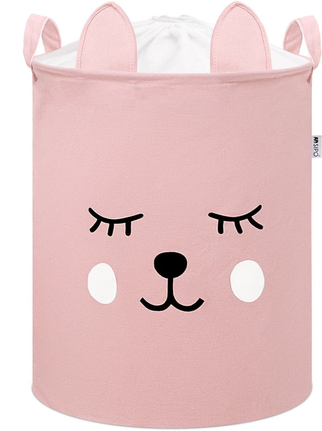 Rosa Spielzeugaufbewahrungskorb mit Teddybär-Gesicht – Baumwoll-Aufbewahrungsbox mit Kordelzug – Kinderwäschekorb – 43 Liter – 35x35x45 cm – Sipo – Spielzeugkorb