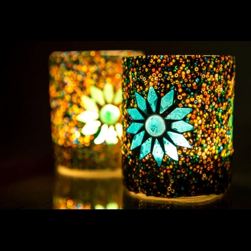 Bougeoir cylindrique méditerranéen 2 pièces - mosaïque et perles - multicolore