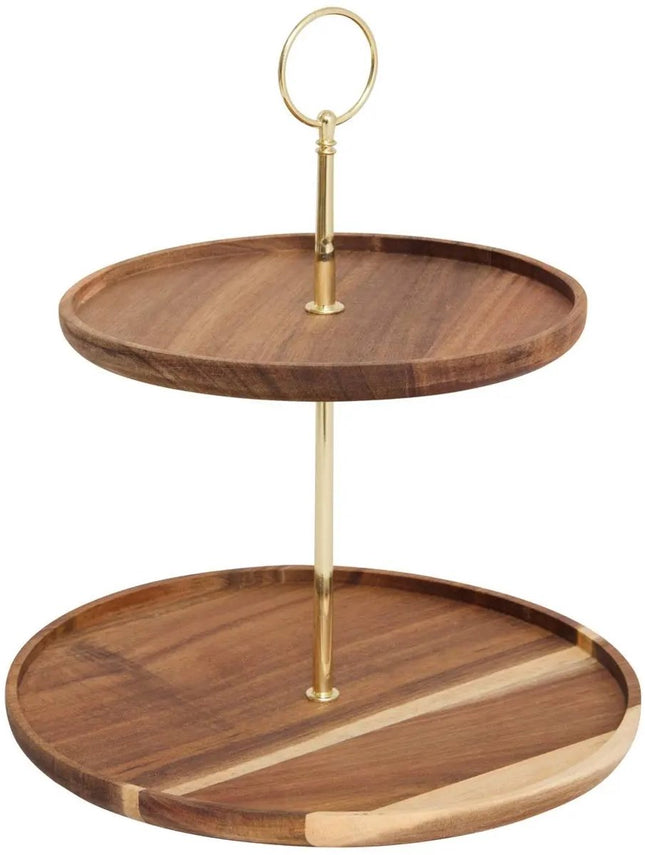 Mina Gold Servierständer - 2-stufige Etagere aus Akazienholz und goldfarbenem Metall - Ø 25 cm - Ideal für Snacks und Cupcakes - Etagere