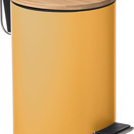 5Five Stijlvol & Compact Afvalemmer 3L met Bamboe Deksel - Softclose - Mosterd