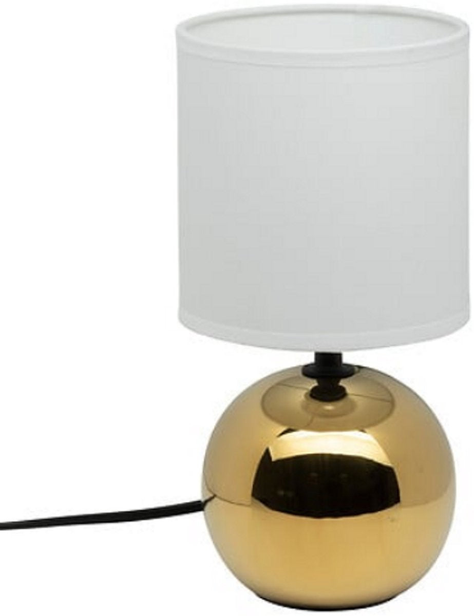 Weiße Keramik-Kugeltischlampe mit goldenen Details | E14 Nachtlicht | Stoffschirm | Ø13 x H25 cm | Schreibtischlampe | Keramik-Kugellampe