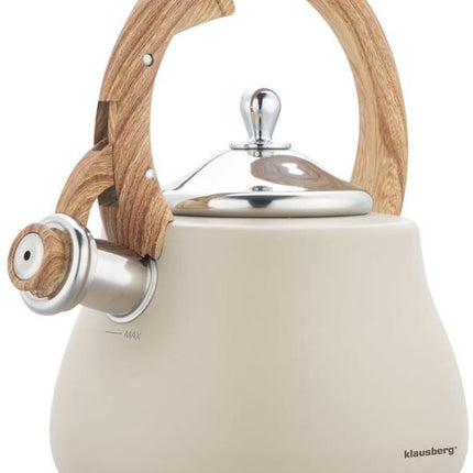 Klausberg Wasserkocher 2.8L Edelstahl - Flötenkessel für alle Herdarten (Induktion, Gas) - Beige mit Holz-Look Griff