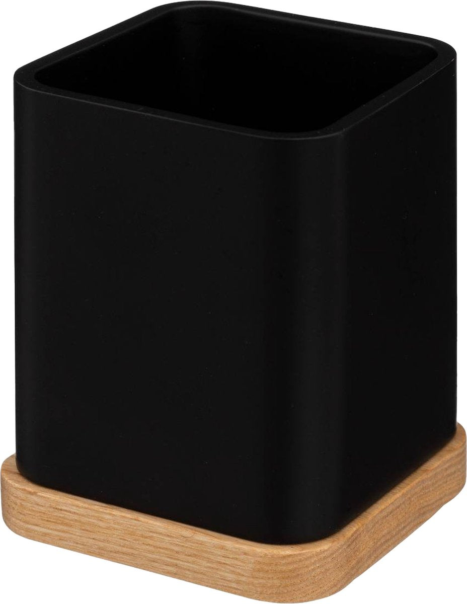 Pot à crayons/organiseur de bureau 5Five - noir - 10 x 8 cm - bambou - carré - rangement bureau/loisirs