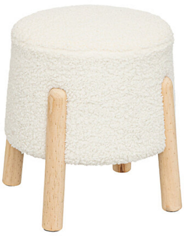 Inuit Weißer Bouclé-Sitzpouf Hocker – Beistelltisch mit Holzbeinen – 41,5 cm – Hocker – Pouf – Kunstfell