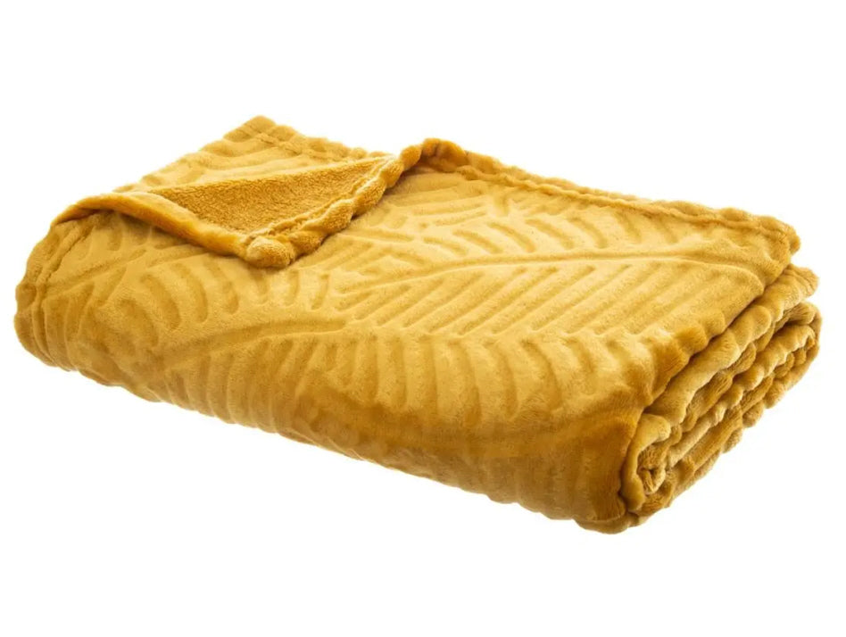 Jeté de canapé 125 x 150cm | Couverture polaire | motif feuille de palmier | Jaune ocre