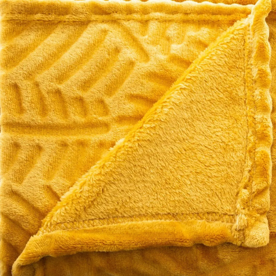 Jeté de canapé 125 x 150cm | Couverture polaire | motif feuille de palmier | Jaune ocre