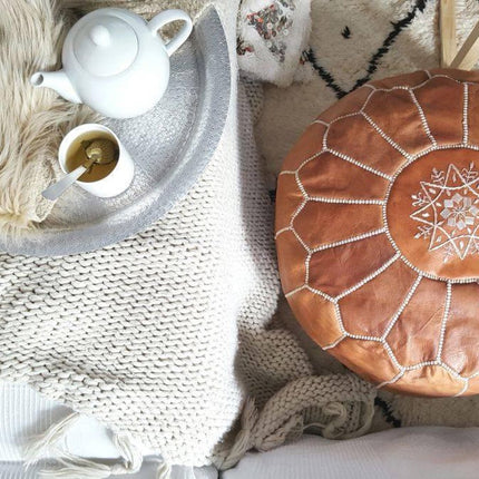Marokkanischer Leder Pouf Cognac Braun - handgefertigt