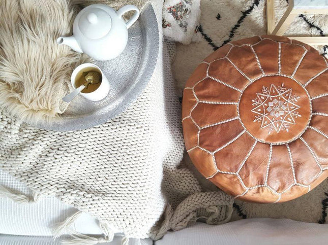 Marokkanischer Leder Pouf Cognac Braun - handgefertigt