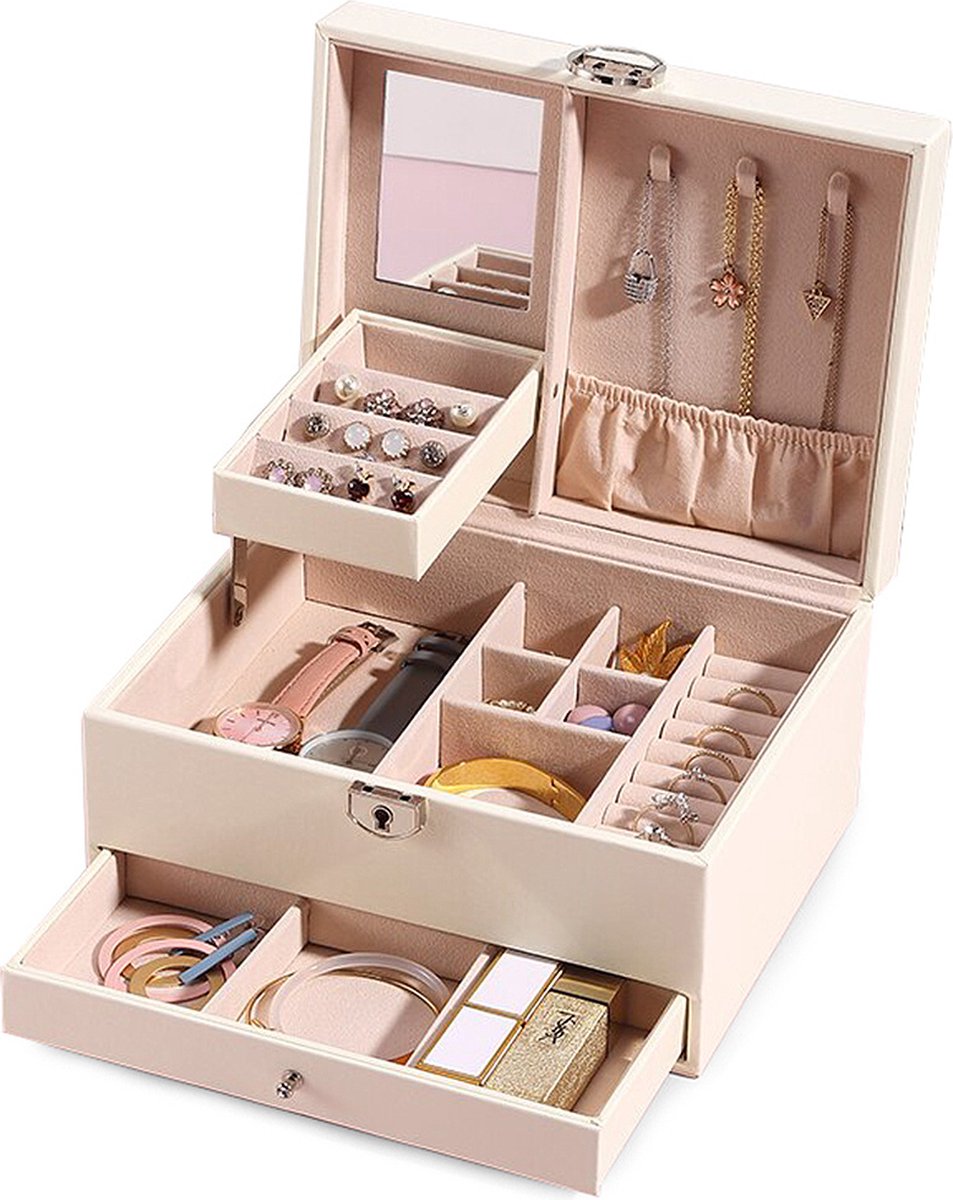 Organisateur de bijoux avec miroir - Boîte de rangement de luxe